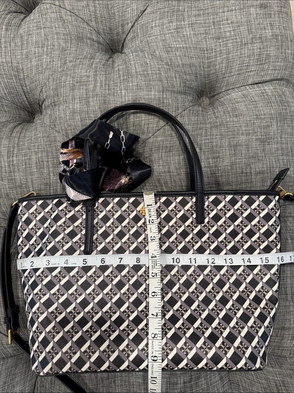 Tory Burch Bag Geo Logo Black & White Print Leather Tote Bag Satchel Crossbody - Picture 17 of 17